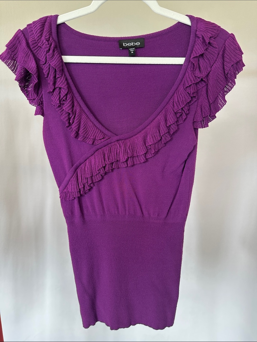bebe Vintage Y2K Plum Ruffle Sweater Knit Top | Faux Wrap | Size M